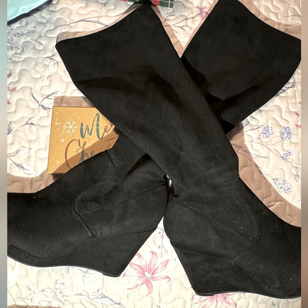 Black suede Rouge stretchy, sexy, tall & gorgeous wedge heeled boots